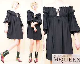 Vtg Alexander McQueen Black 100% Silk Baby Doll Tented Swing Renaissance Billowy Balloon Sleeve Micro Mini Dress Italy Designer 46