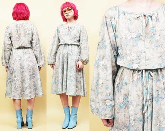 70s Vtg Sheer Floral Pattern Poet Sleeve Midi Dress Boho Hippie Mod Sm Med