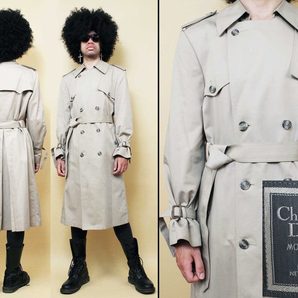 80s Vtg Christian DIOR Classic Beige Trench Coat Belted Spy Jacket Collared Wool Lining Men's tag 40 Regular Medium *As-Is*