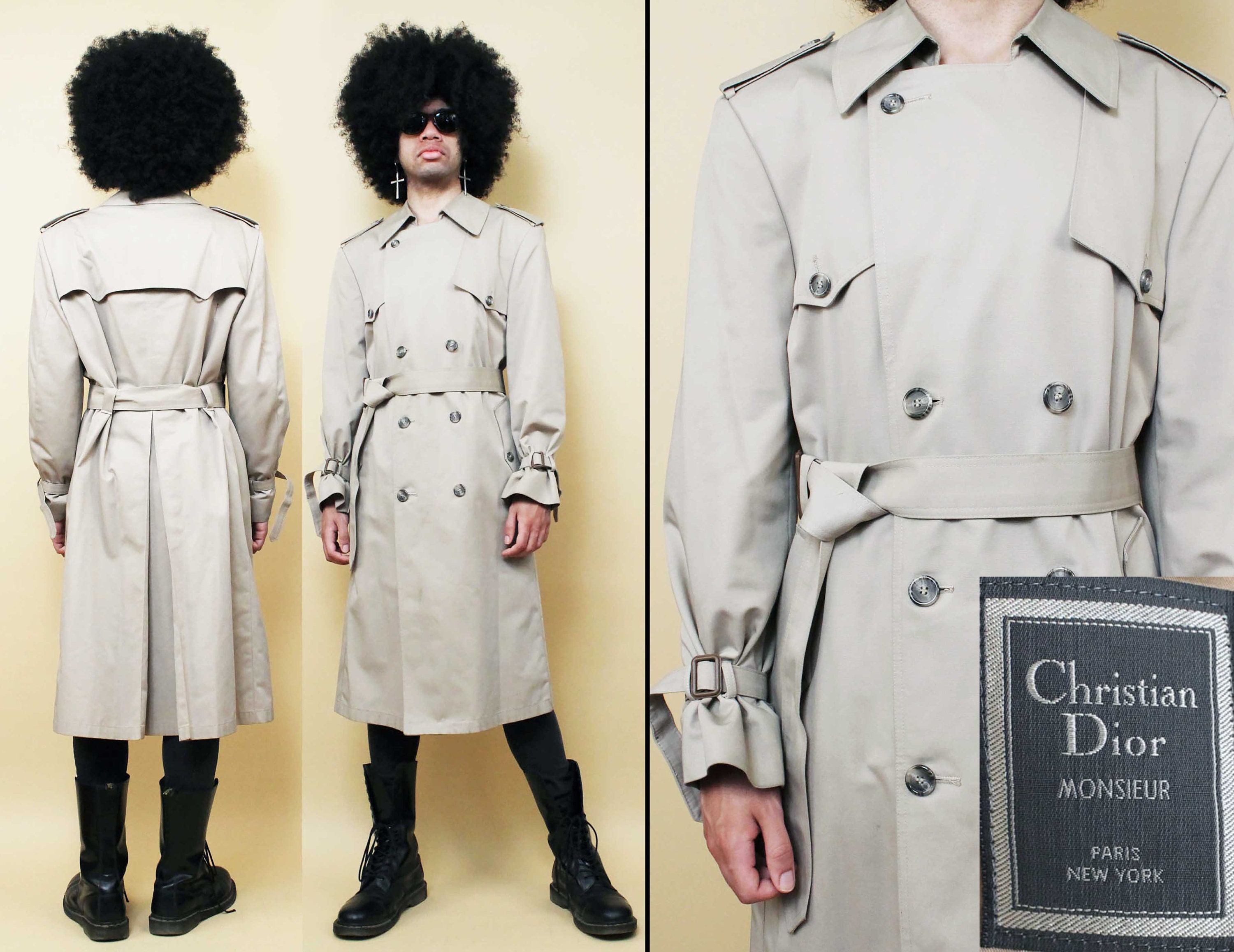 80s Vtg Christian DIOR Classic Beige Trench Coat Belted Spy