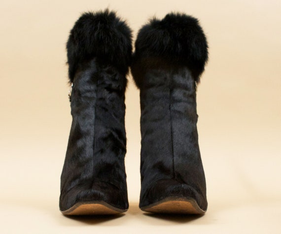 80s Vtg Jet Black Pony Fur & Leather Rhinestone D… - image 4