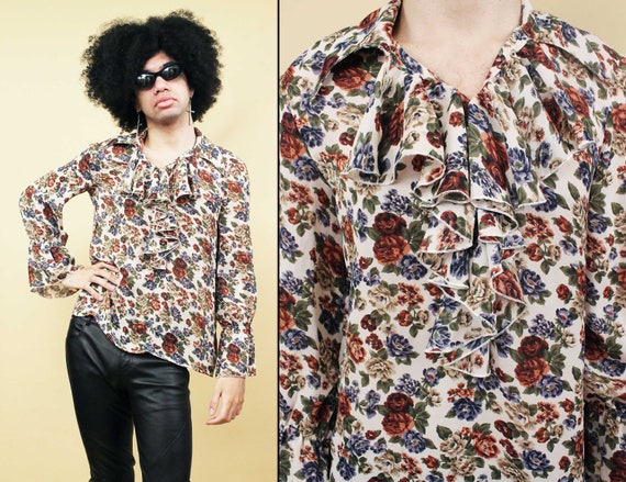 80s 90s Vtg Floral Puffy Ruffle Shirt Long Poet Sleeve Mod