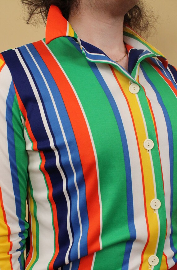 70s Vtg Primary Colors Vertical Striped Button Up… - image 7