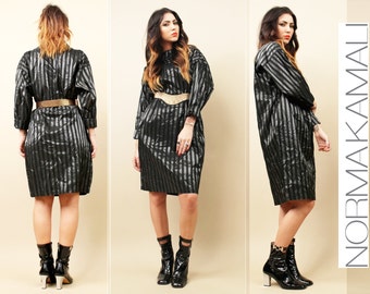 70s 80s NORMA KAMALI Silver + Black Stripe FUTURISTiC Sheath Dress/ Minimal Mod Avant Garde Couture Dress / High Collar Turtleneck Cowl