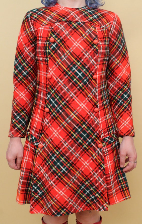 60s Vtg Plaid Red Tartan Wool Mini Dress Long Sle… - image 3