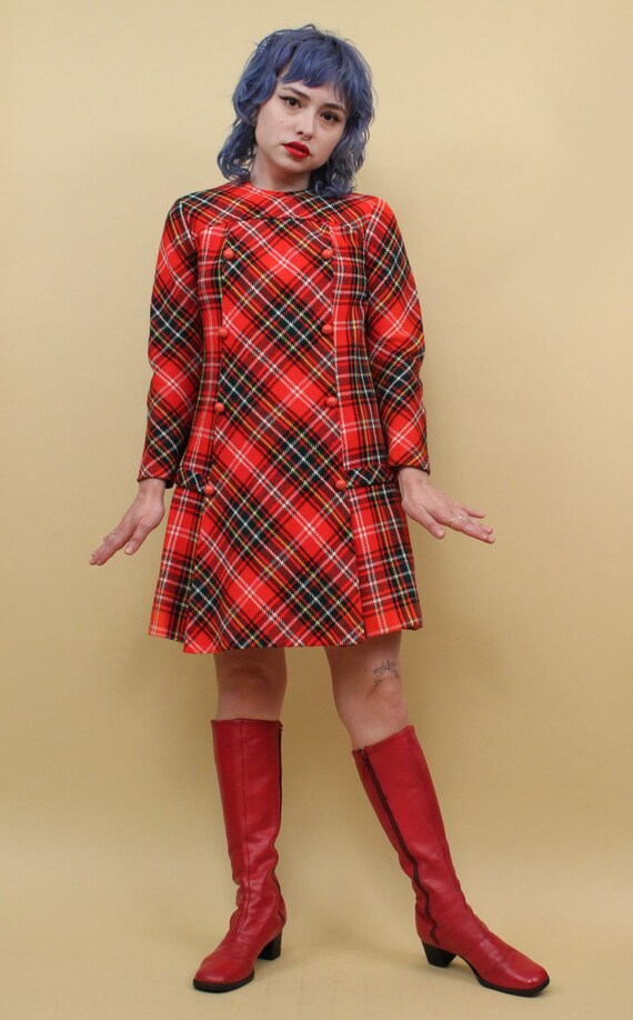 60s Vtg Plaid Red Tartan Wool Mini Dress Long Sle… - image 6