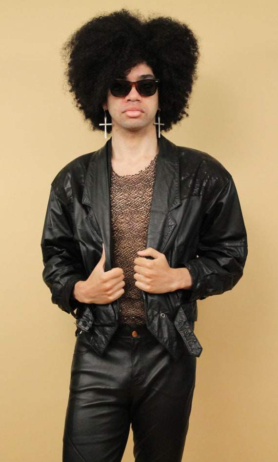 80s Vtg Black Leather Jacket Cropped Coat V Shape Buckle Front New