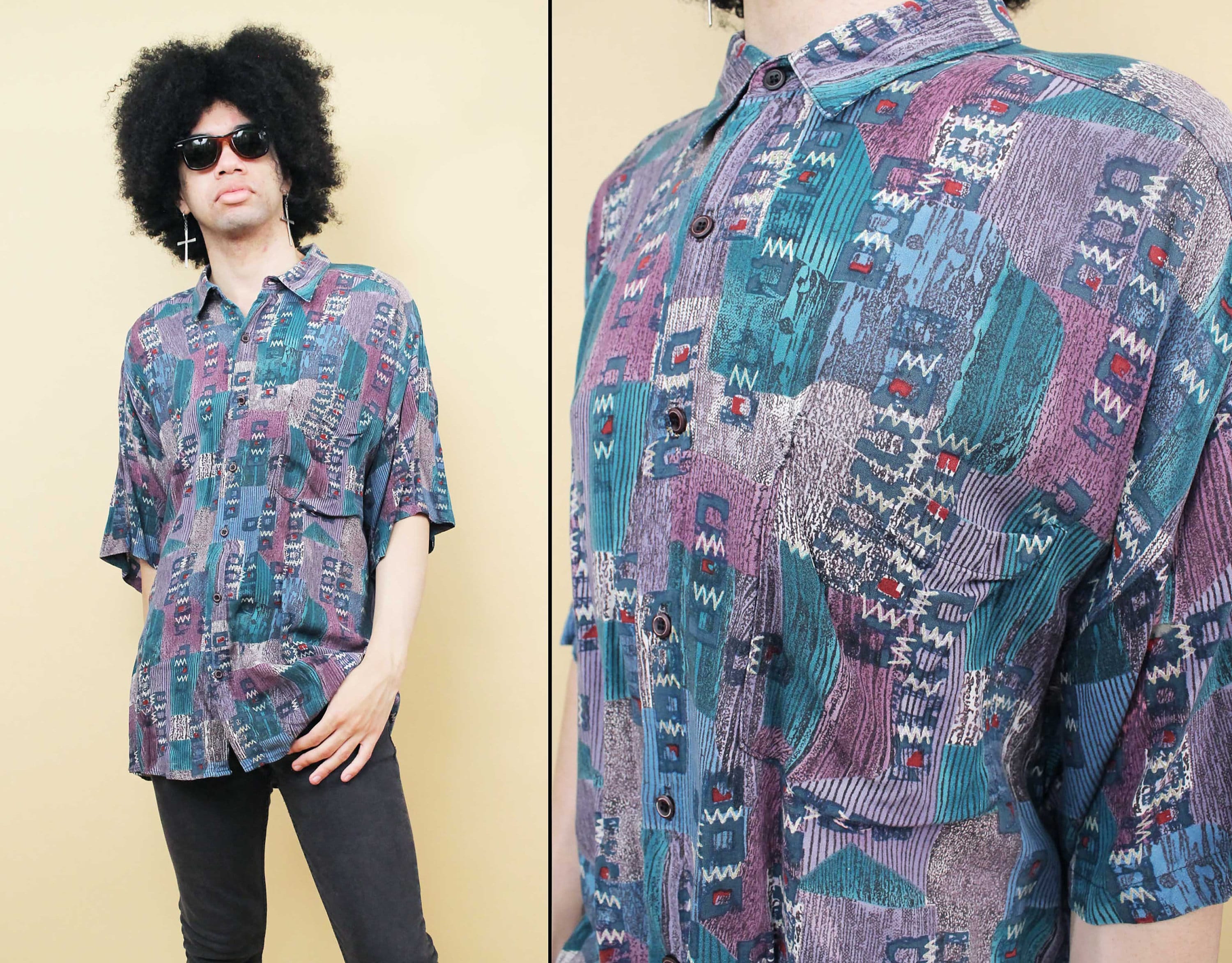 90s Vtg Abstract Print Button up Collared Rayon Shirt
