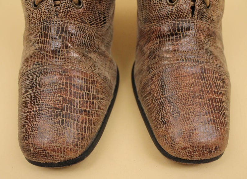 May include: A pair of brown leather boots with a textured, snake-like pattern. The boots have laces and a pointed toe.