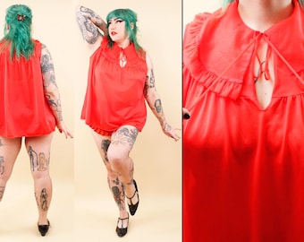 60s Vtg Red Baby Doll Lingerie Mini Dress or Tunic Giant Peter Pan Collar Plus Size XL-2X B48" W52" H56" L26"