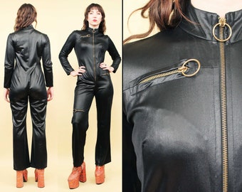 70s Vtg Black Wet Look Young Edwardian Arpeja O Ring Zipper Jumpsuit Pantsuit Wide Leg Rocker Suzi Quatro Women's Small-Medium