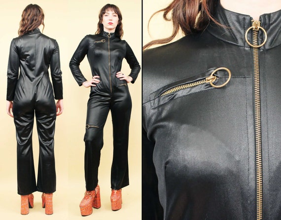 70s Vtg Black Wet Look Young Edwardian Arpeja O Ring Zipper