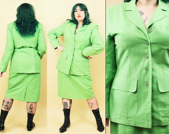 80s 90s Vtg Lime Neon Green Cotton Ramie Suit Blazer Jacket & Pencil Skirt Set Women's Plus Size tag 13/14 XL B42" W32-33" H44"