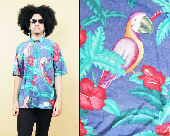 80s Vtg Parrot Tropical Print 100% Cotton Button … - image 1