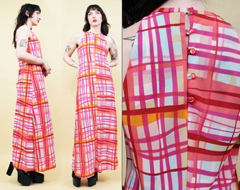 1990S 00s Y2K Vtg Op Art Plaid Pattern Maxi Dress Sleeveless Button Detail High Neck Floor Length Women's Small