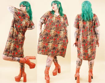 80s Vtg Animal Print & Floral Kaftan Muu Muu Dress Plus Size Women's 1X-3X  B56" W58" H60" L40"