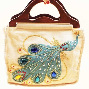 60s Vtg Canvas Peacock Enid Collins Style Gem Decoupage Mod Hippie Wood Handles 13&quot;x10&quot;x3&quot;