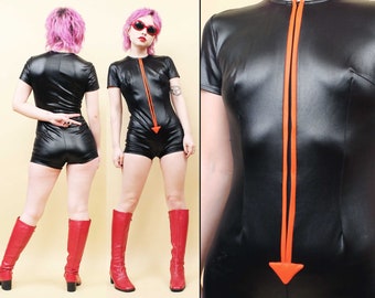 60s Vtg Black Wet Look Romper Jumpsuit Mod rare Arrow Beach Party Fetish Punk Glam Women's Xs Petite