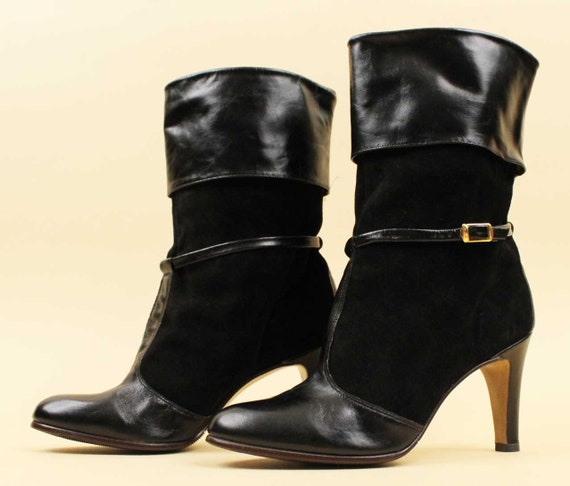 70s Vtg Deadstock Black Suede Harness Boot Fold O… - image 4