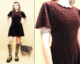 90s Vtg Brown Leopard Print Stretch Velvet Mini Skater Dress Lettuce Hem Animal Print Women's tag 4 Small