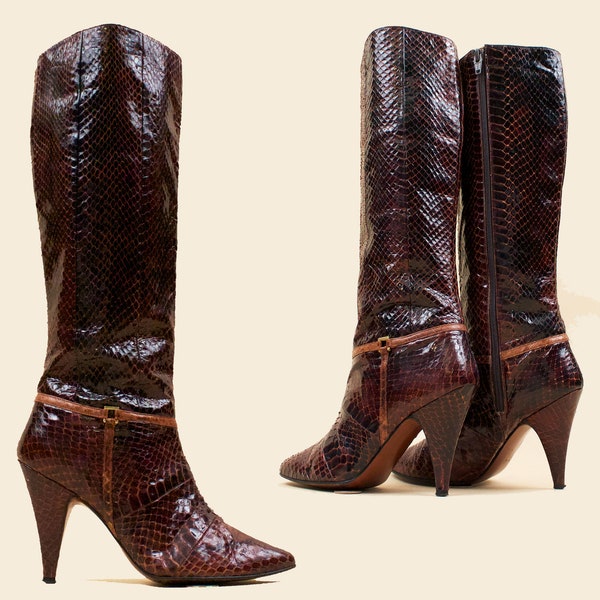 70s 80s Vtg Genuine Snakeskin Russet Brown Knee High Boots Designer Almond Toe Spike High Heel Equestrian Harness Spur US 6 EU 36