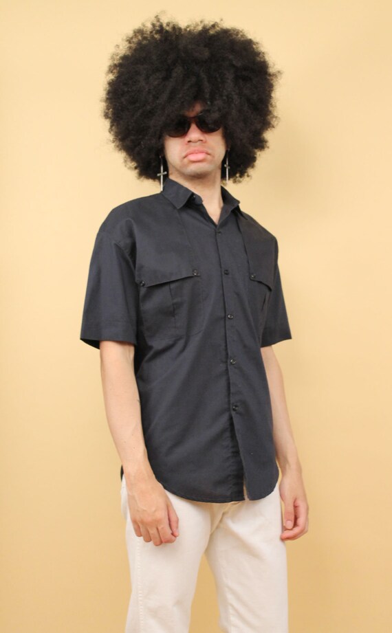 70s 80s Vtg Blue Black Cotton Poly Button Up Unif… - image 4