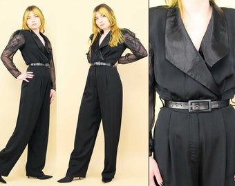 80s 90s Vtg Black Satin Collared Sheer Sleeve Jumpsuit Business Sexy Goth Women's tag 4 Xs S B32-36" W24-26" H38"