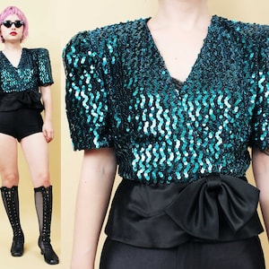 80s Vtg Peplum Black Satin Bow & Puff Shoulder Turquoise Blue Sequin Blouse Top Crop Women&#39;s tag 2 Xs