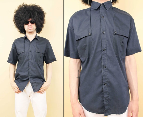 70s 80s Vtg Blue Black Cotton Poly Button Up Unif… - image 1