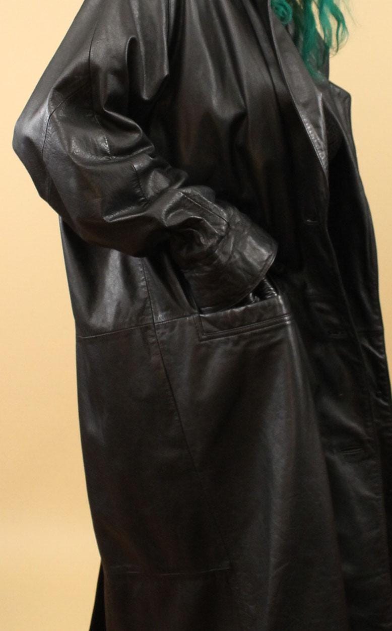 【希少品】Vintage Leather Long Trench Coat Womens Leather Trench Coat Silver S-M? Long Lambskin Vintage
