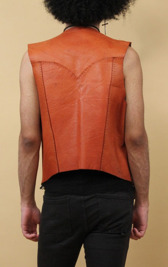 60s 70s Vtg Brown Leather Whipstitch Vest Jacket … - image 5