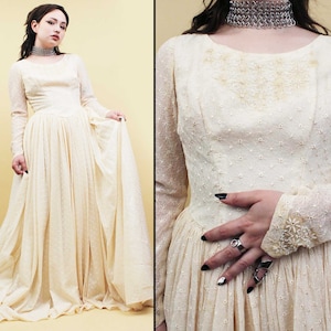 50s 60s Vtg Wedding Bridal Gown Embroidered Lace Eyelet Beaded Pointed Sleeve Empire Waist Floor Length Dress Renaissance Medieval Xs