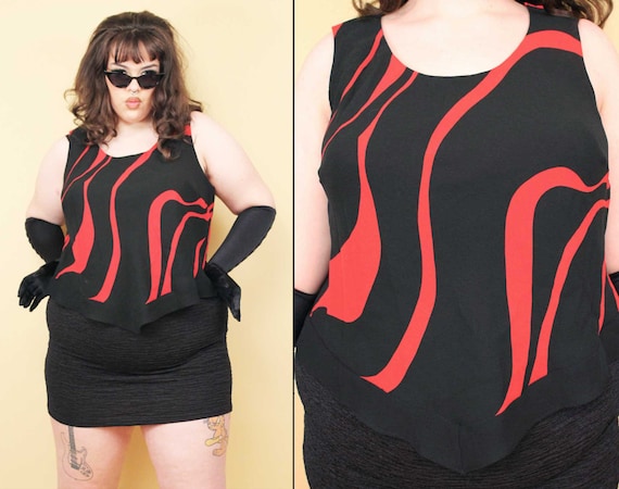 90s Y2K Vtg Black & Red Chiffon V Shaped Sleeveless Blouse Tank Top Women's  Plus Size Tag 22 2X 3X 