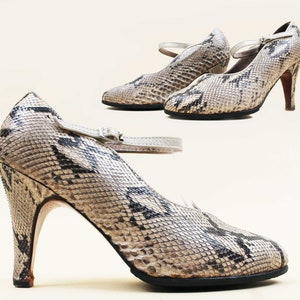 40s 50s Vtg Custom Made Python Snakeskin High Heels Ankle Strap Mary Jane Pumps Pin Up VLV Showgirl Burlesque Women&#39;s US 6.5 7 EU 37 37.5