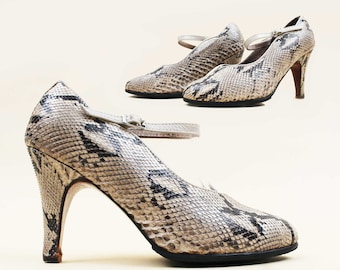 40s 50s Vtg Custom Made Python Snakeskin Tacones altos Tobillo Correa Mary Jane Pumps Pin Up VLV Showgirl Burlesque Mujeres US 6.5 7 EU 37 37.5