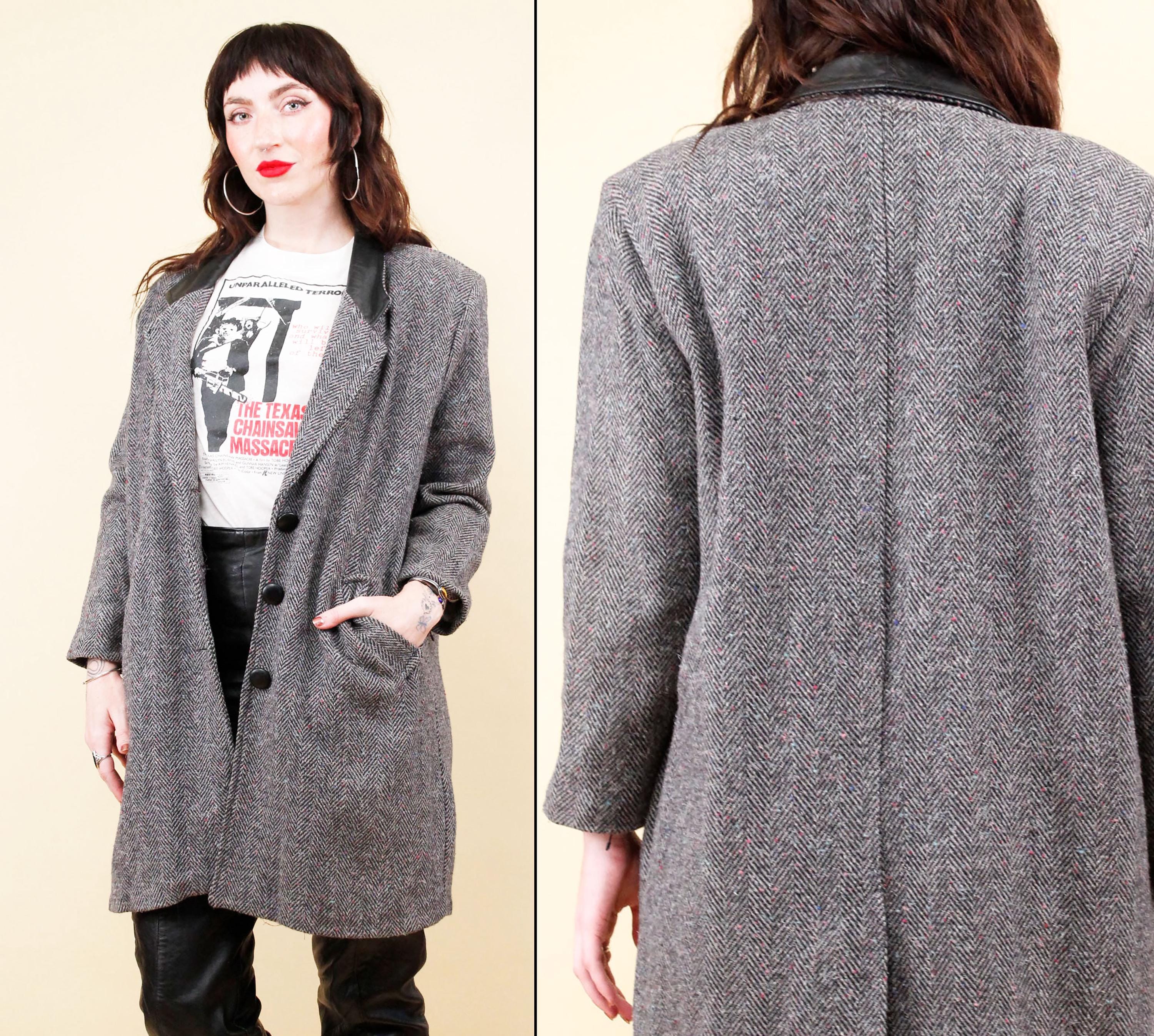【なゆか】Herringbone Tweed Coat 80-90s 80s 90s Vtg Tweed Herringbone Grey & Black Leather Collar Overcoat