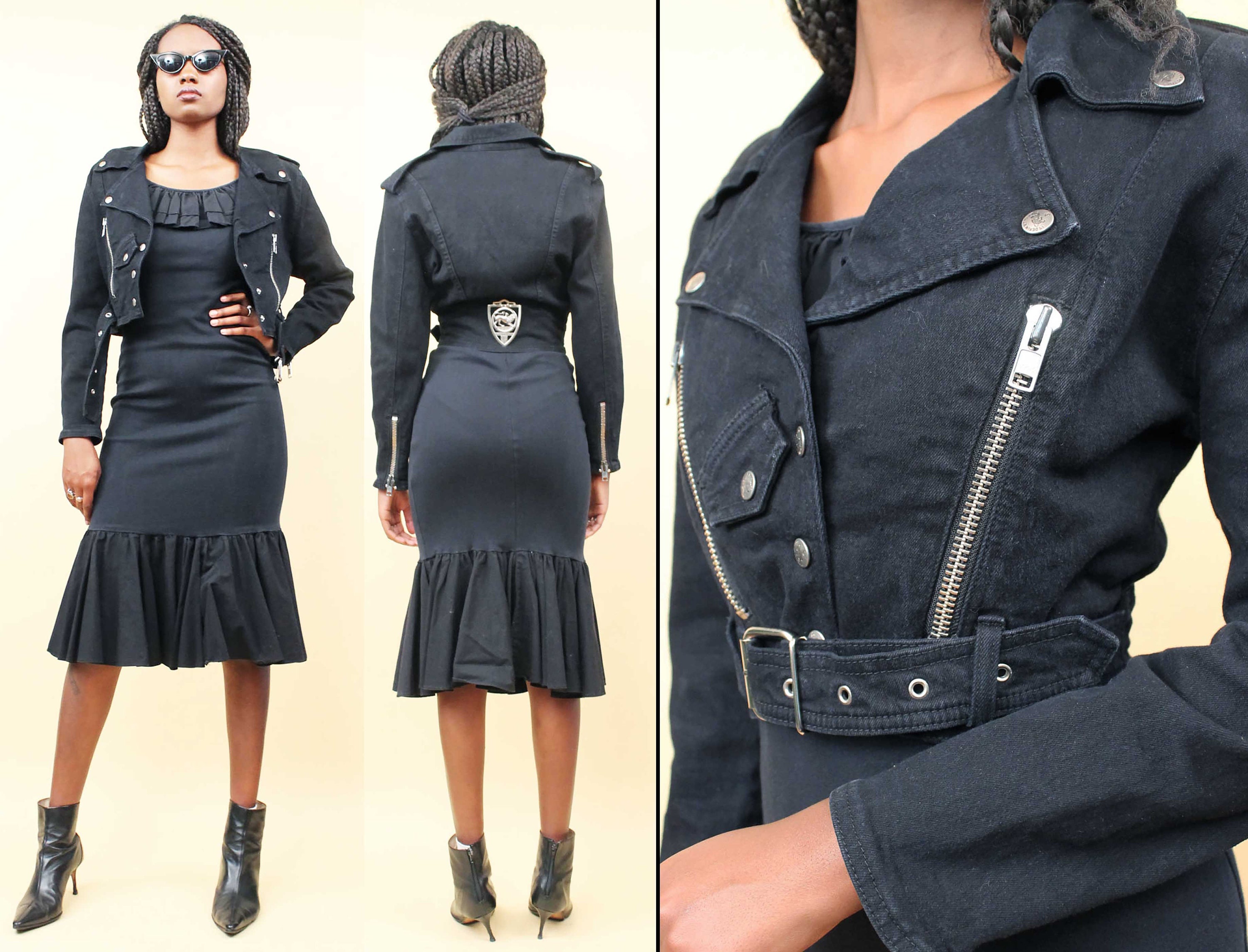 80s Vtg Black Thick Cotton Denim Motorcycle Jacket Biker