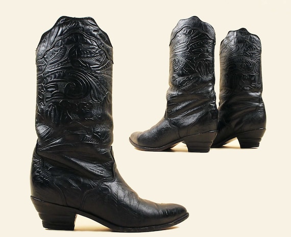 80s Vtg Black Leather Tooled Cowboy Western Boot Pull On Zodiac Pointy Toe Punk Metal Women's US 6 EU 36