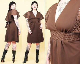 70s Vtg Brown Polyester Fishnet Flutter Sleeve Mini Dress Women's S-M B32-36" W28-30" H38" L36"