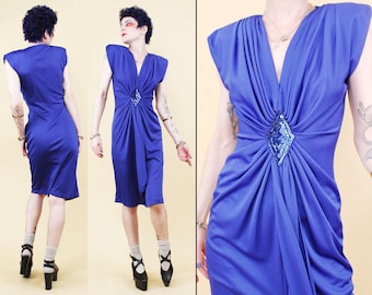 80s Vtg Climax Karen Okada Dress Blue Ruched Deep V Party Cocktail Knee Length Sequin Detail Disco Glam Xs Sm B30-36" W25-26" H36" L40"