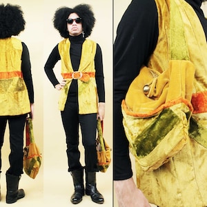 Années 60 70s Vtg Custom Handmade Velvet Gilet Gilet Veste & Satchel Patchwork Hobbit Costume Renaissance Wizard Homme S-M