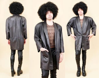 80s Vtg Black Leather Blazer Long Jacket Giant Shoulder Pads New Wave Goth Gender Neutral M-L B44" W42" H42" L36"