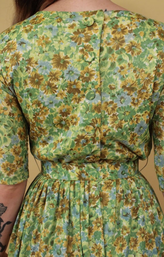 50s 60s Vtg Green Yellow Floral 3/4 Sleeve Day Dr… - image 6