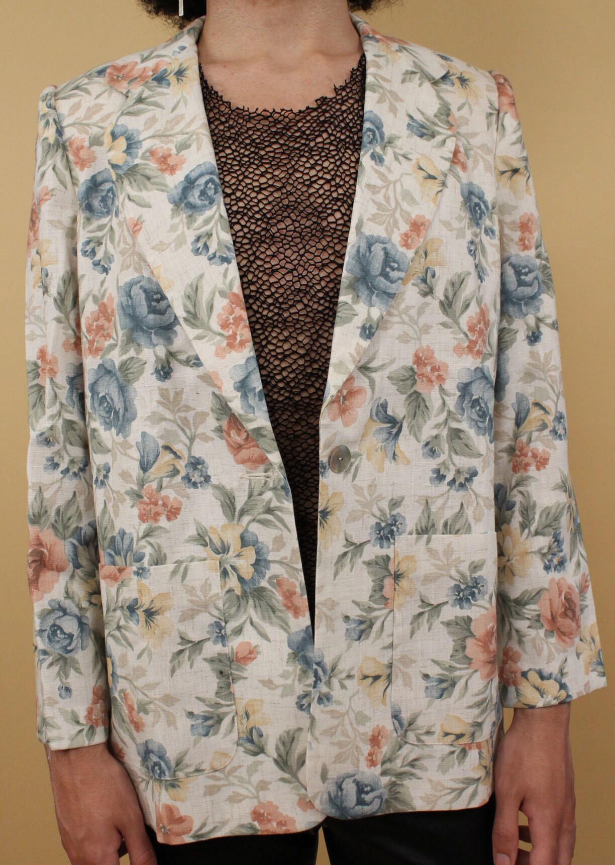 80s Vtg Floral Pastel Blazer Linen Collared Jacket Ugly