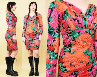 80s Vtg Floral 100% Silk Long Sleeve Mini Dress Sweetheart Bust Orange Red Pink On Black Designer Gillian Women's tag 4 Xs