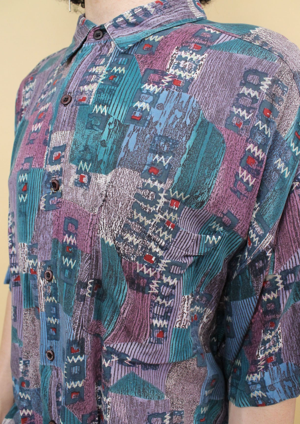 トップス vintage pattern rayon shirts 90s Vtg Abstract Print Button up Collared Rayon Shirt