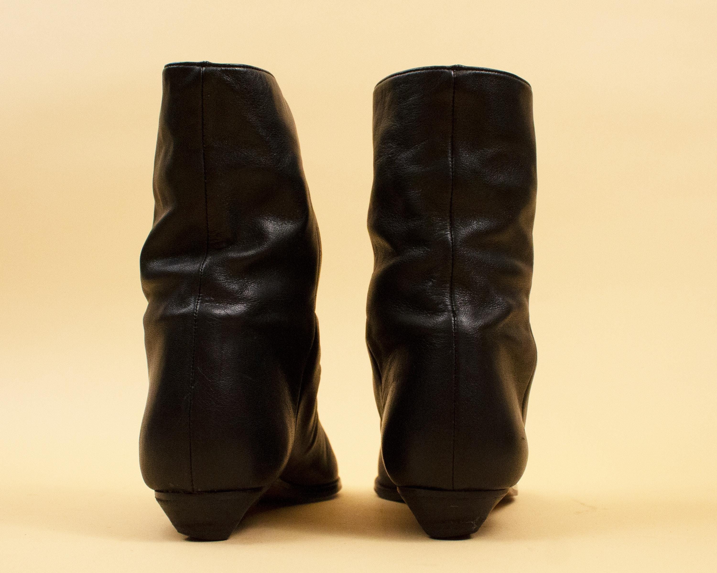 80s Vtg Black Leather Pointy Toe Slouch Ankle Boots Punk New