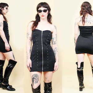 80s 90s Vtg Black Round Stud Zipper Front Tube Mini Dress Sleeveless Open Shoulder Stretch Punk Metal Goth Women&#39;s Medium