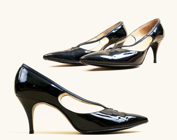 50s Vtg Black Patent Leather Pointy Kitten High H… - image 1