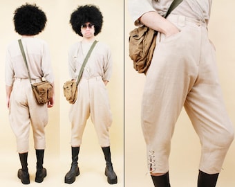 80s Vtg French Designer Linen Beige Avant Garde Pants Jodhpur Equestrian RL Style Capri Euro 42 M W30" H40" Rise 15"